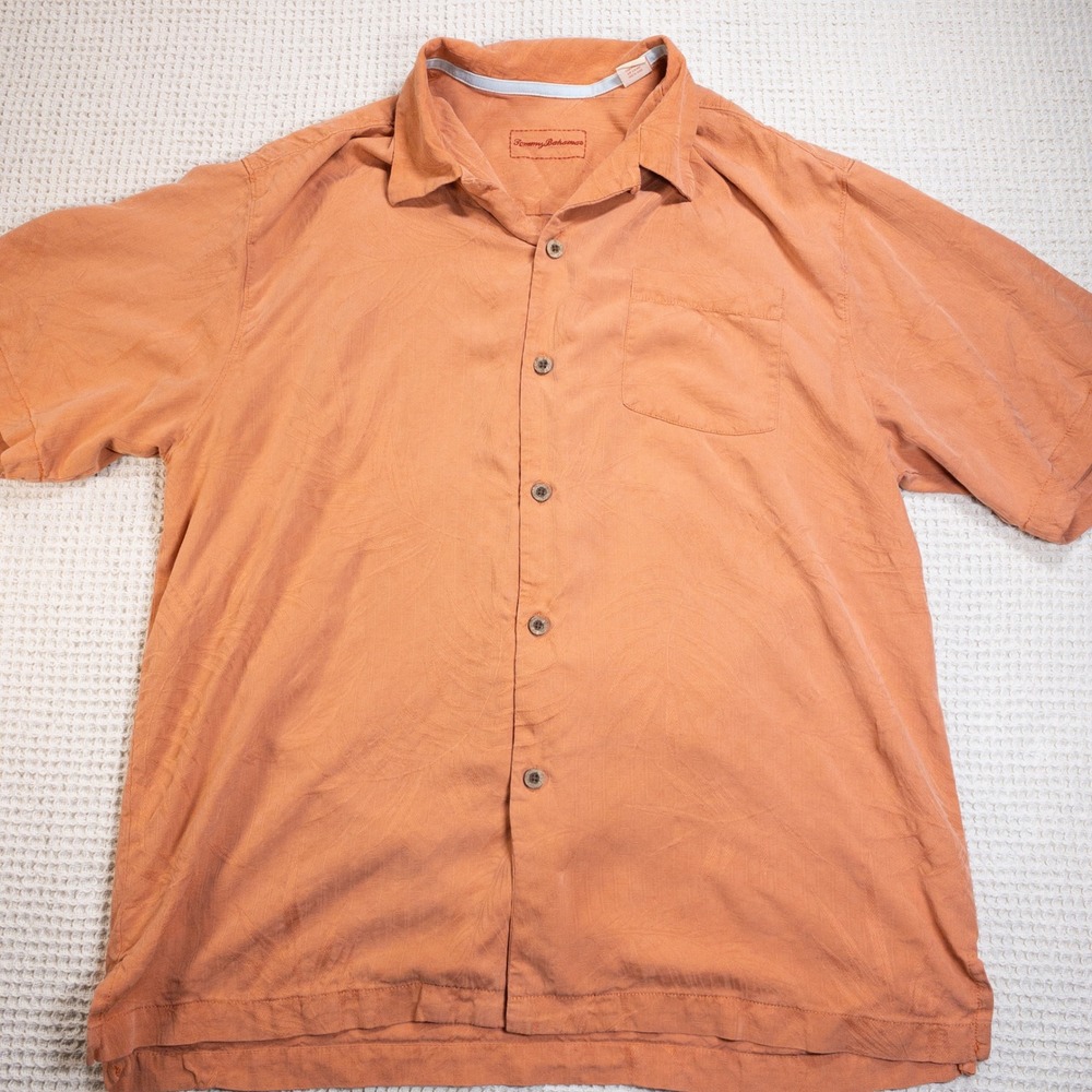 Tommy Bahama Mens L 100% Silk Short Sleeve Button Down Shirt Orange Palm Leaf